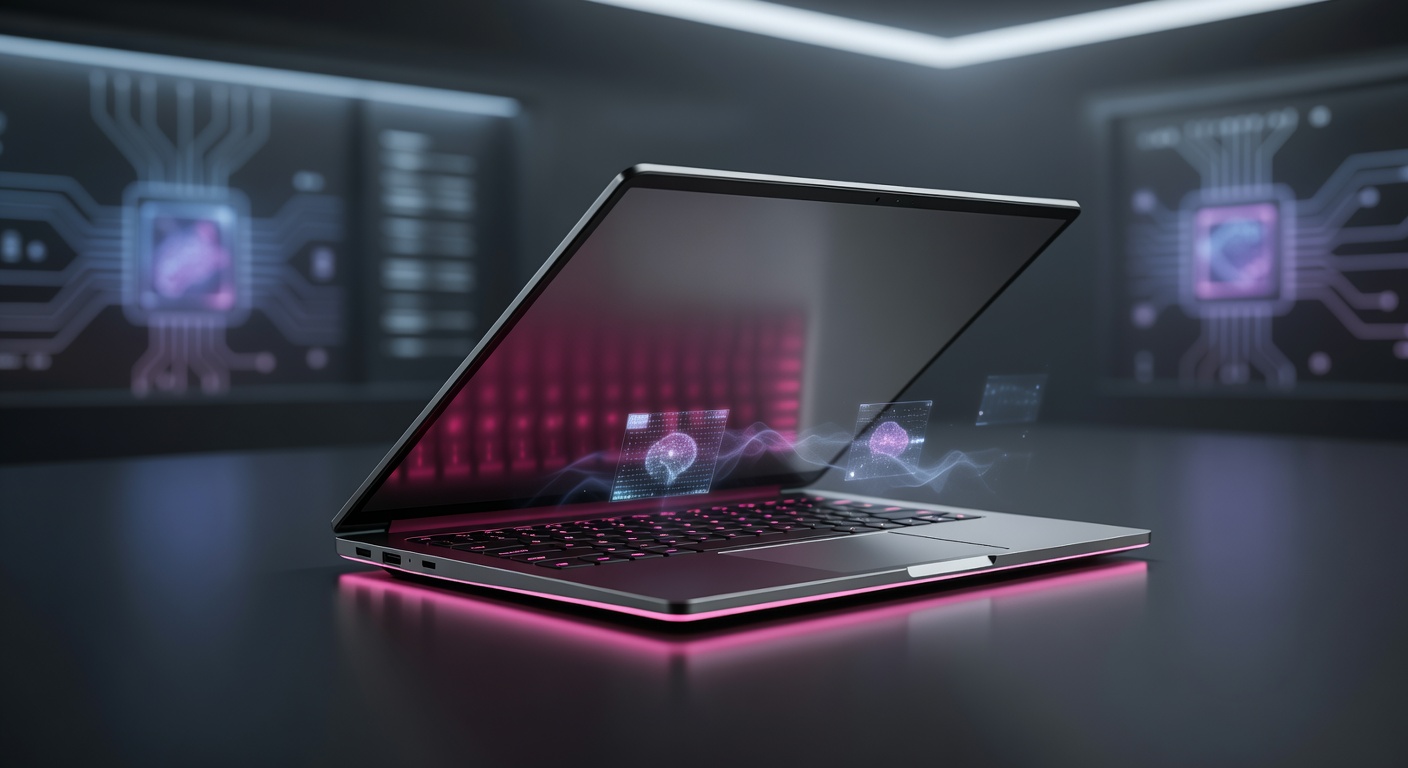 High-tech futuristic thin-bezel laptop with pink neon glow reflection