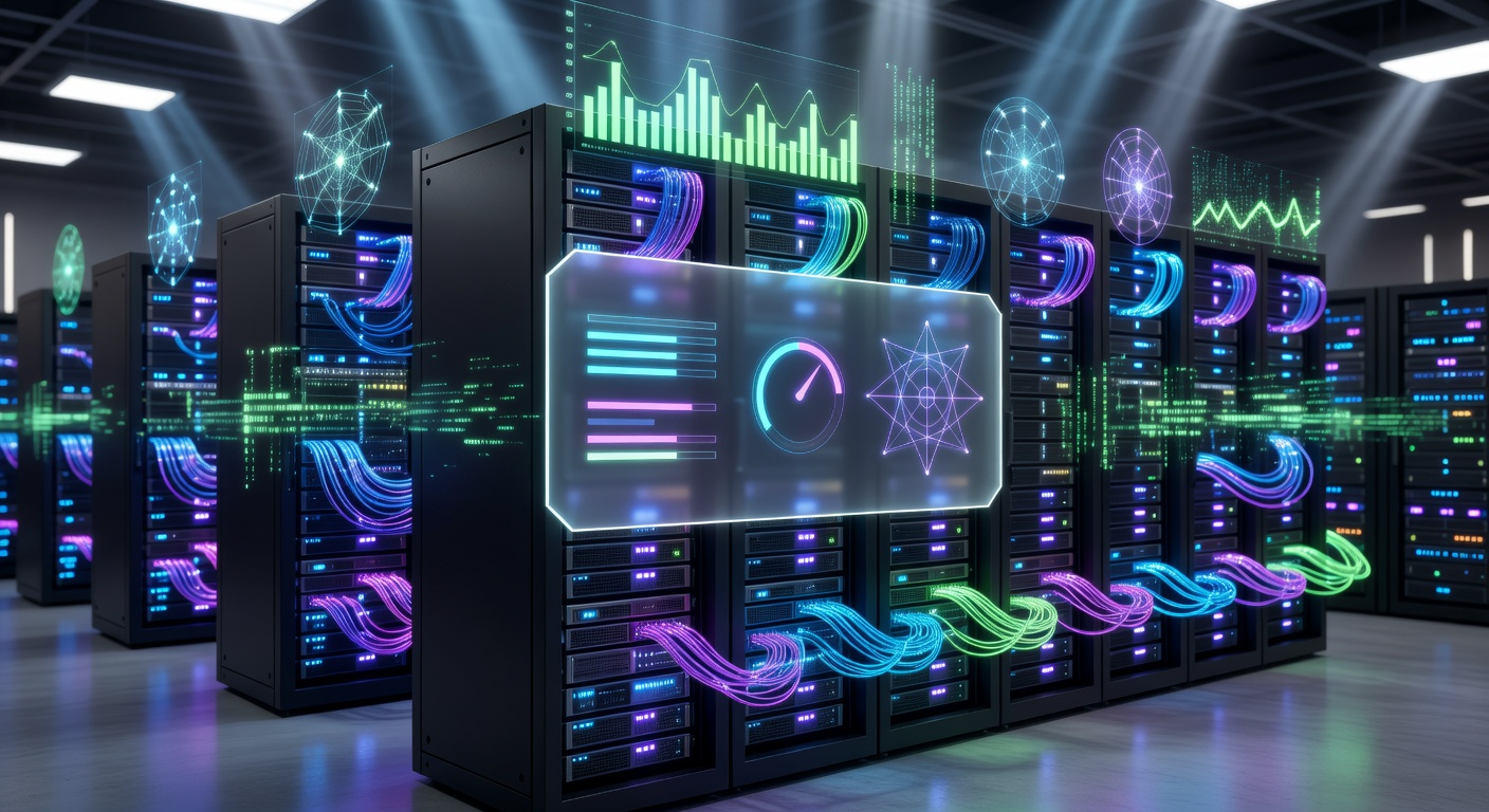 High-tech server room and neon cybersecurity environment