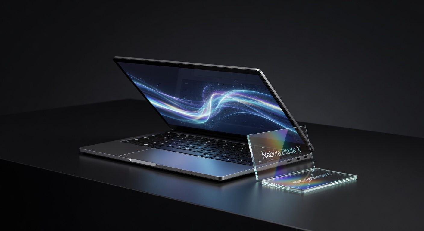 Quantum Flow 14 ultra portable laptop on dark background