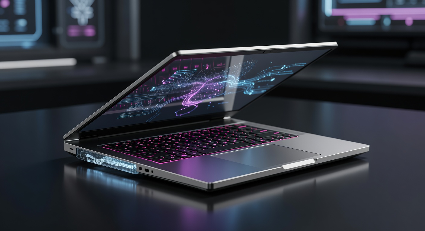 Titanium AI Pro 16 futuristic laptop with dark pink keyboard glow